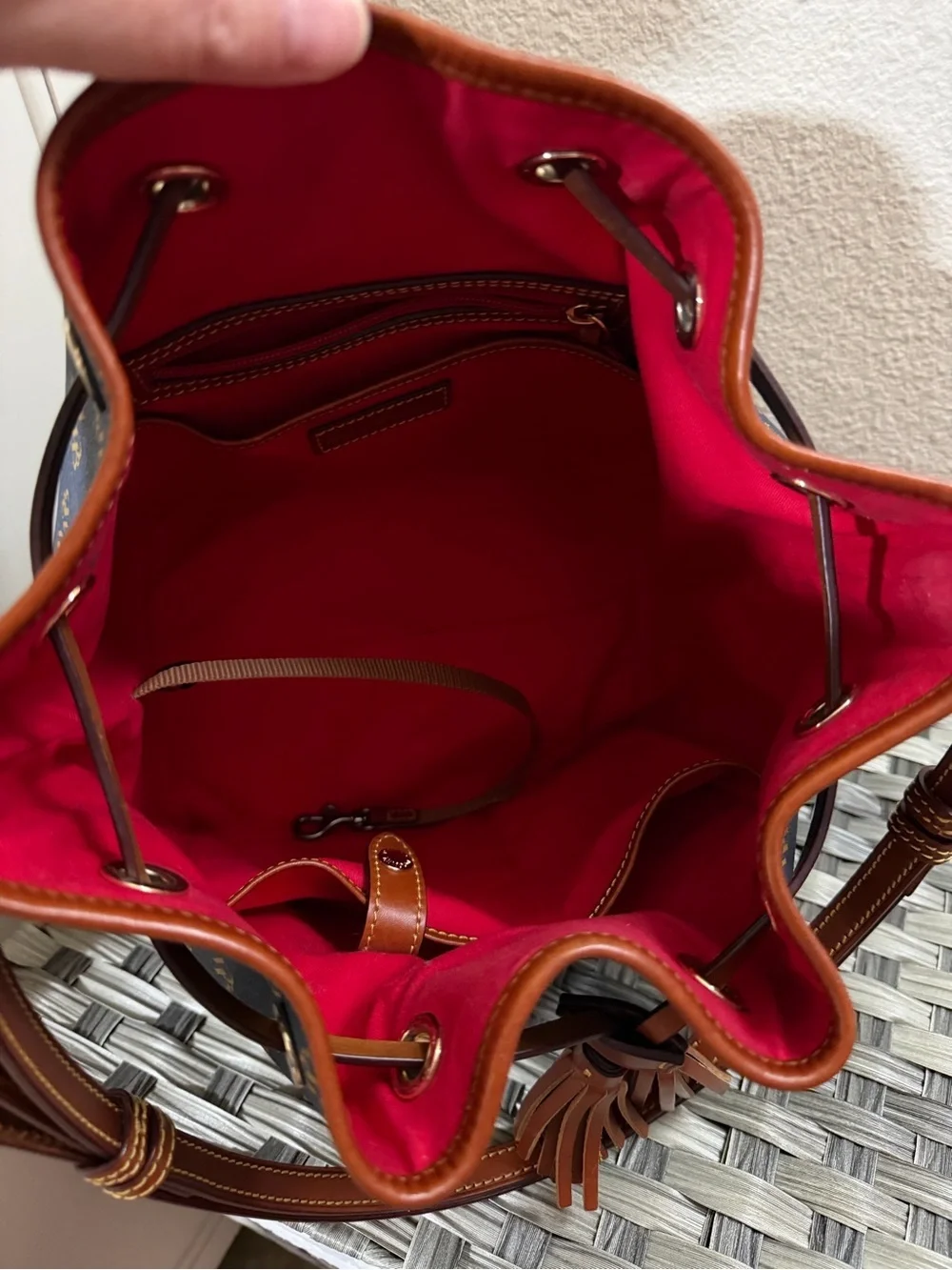 Dooney & Bourke Gretta Navy and Brown Monogram Drawstring Bucket Bag - Picture 10 of 14